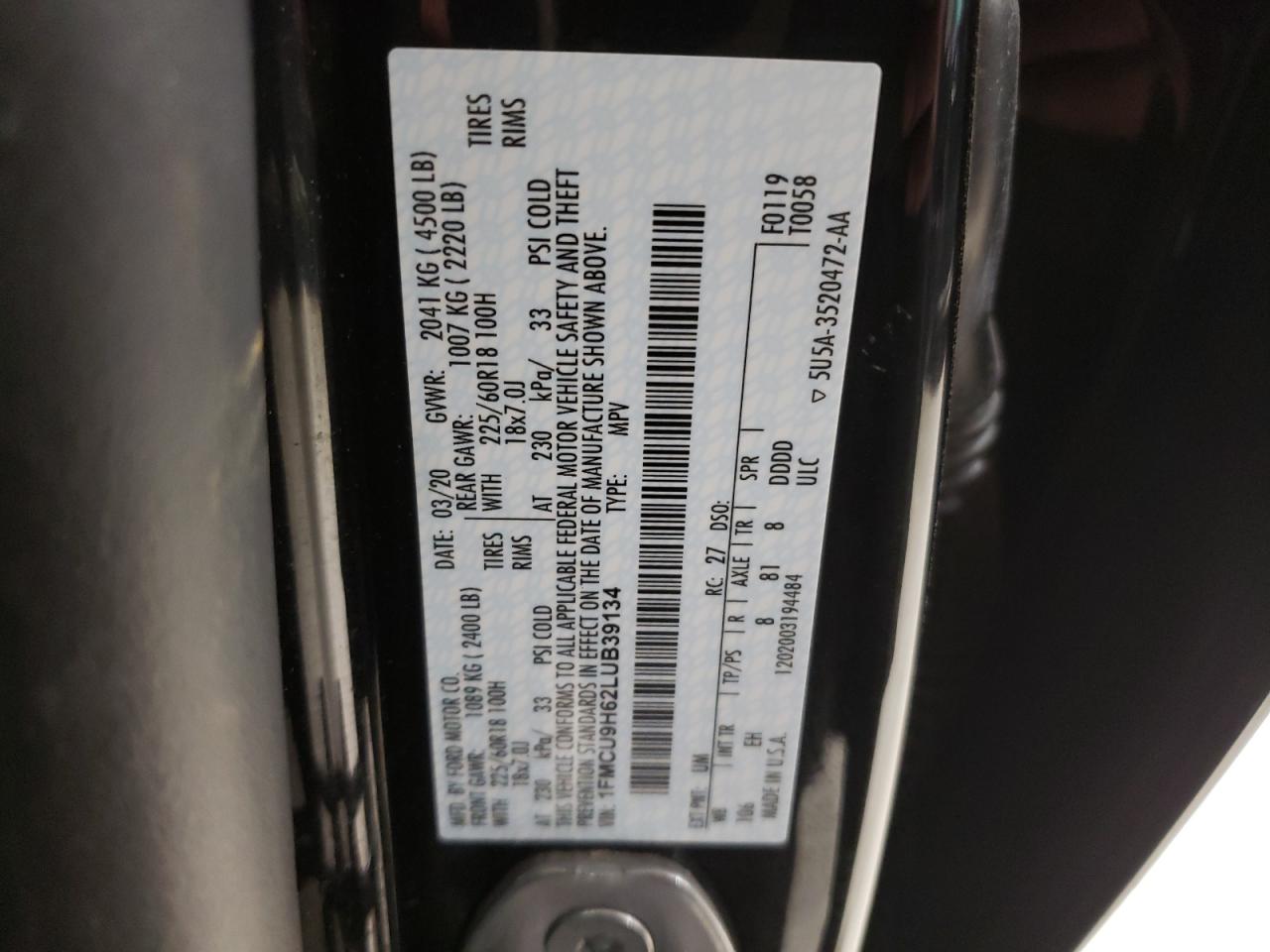 2020 Ford Escape VIN 1FMCU9H62LUB39134 Copart auction photo, front end damage thumbnail 13