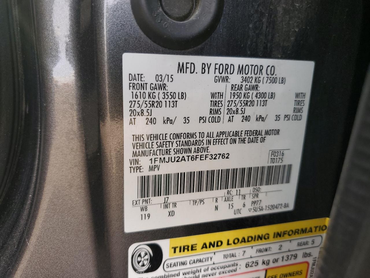 2015 Ford Expedition VIN 1FMJU2AT6FEF32762 Copart auction photo, front end damage thumbnail 15