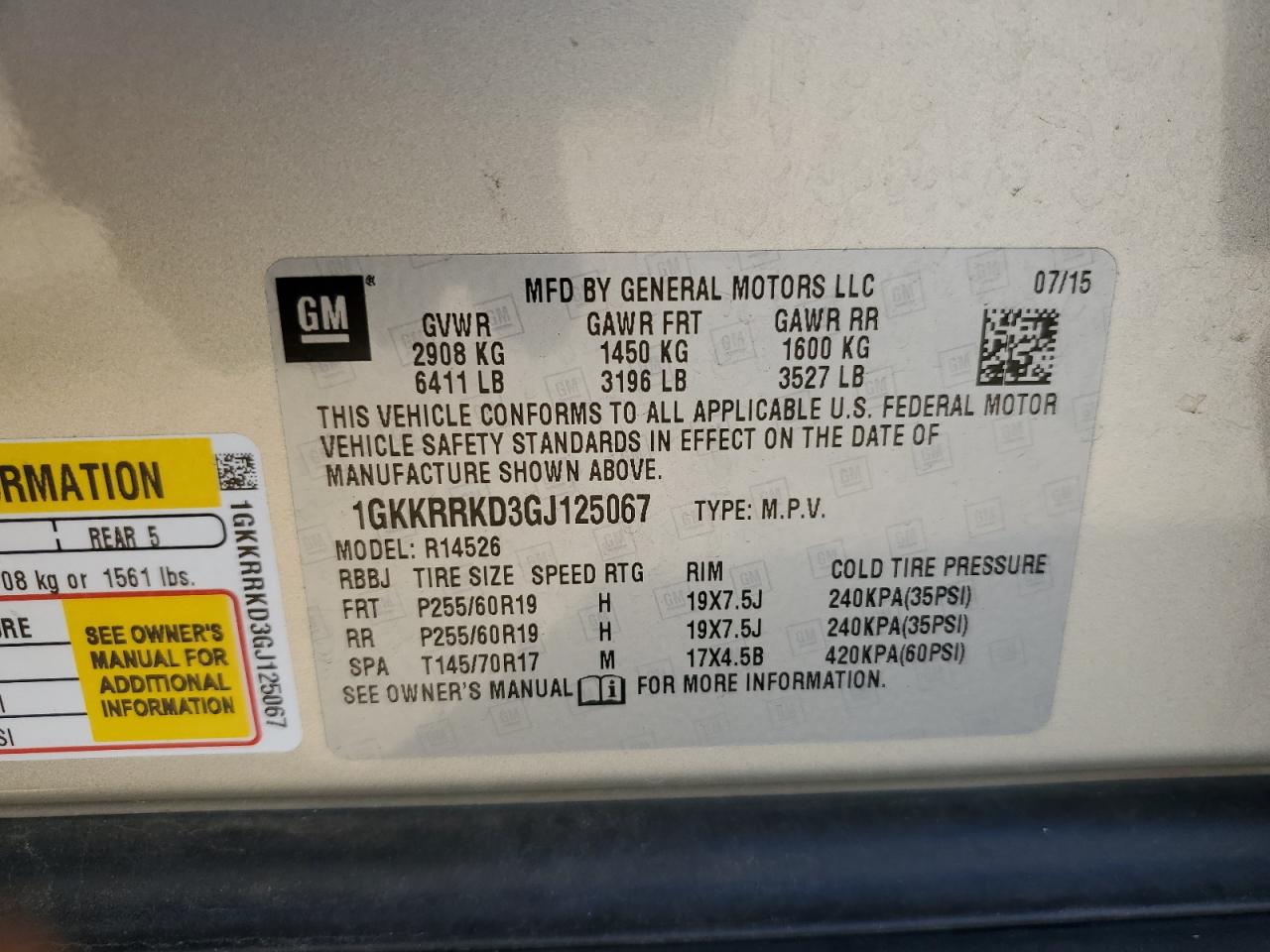 2016 GMC Acadia VIN 1GKKRRKD3GJ125067 Copart auction photo, top/roof damage thumbnail 13