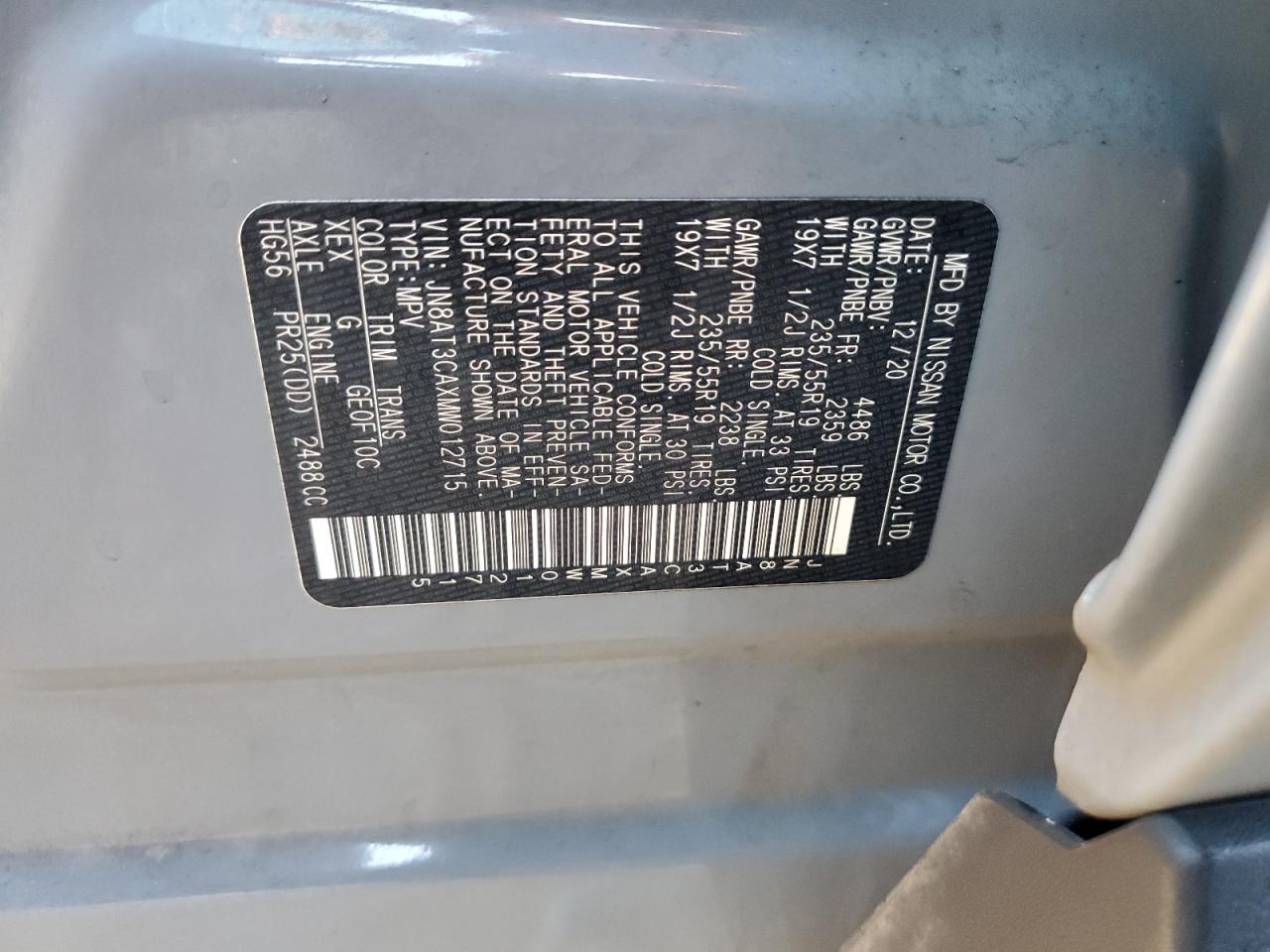 2021 Nissan Rogue VIN JN8AT3CAXMW012715 Copart auction photo, front end damage thumbnail 14