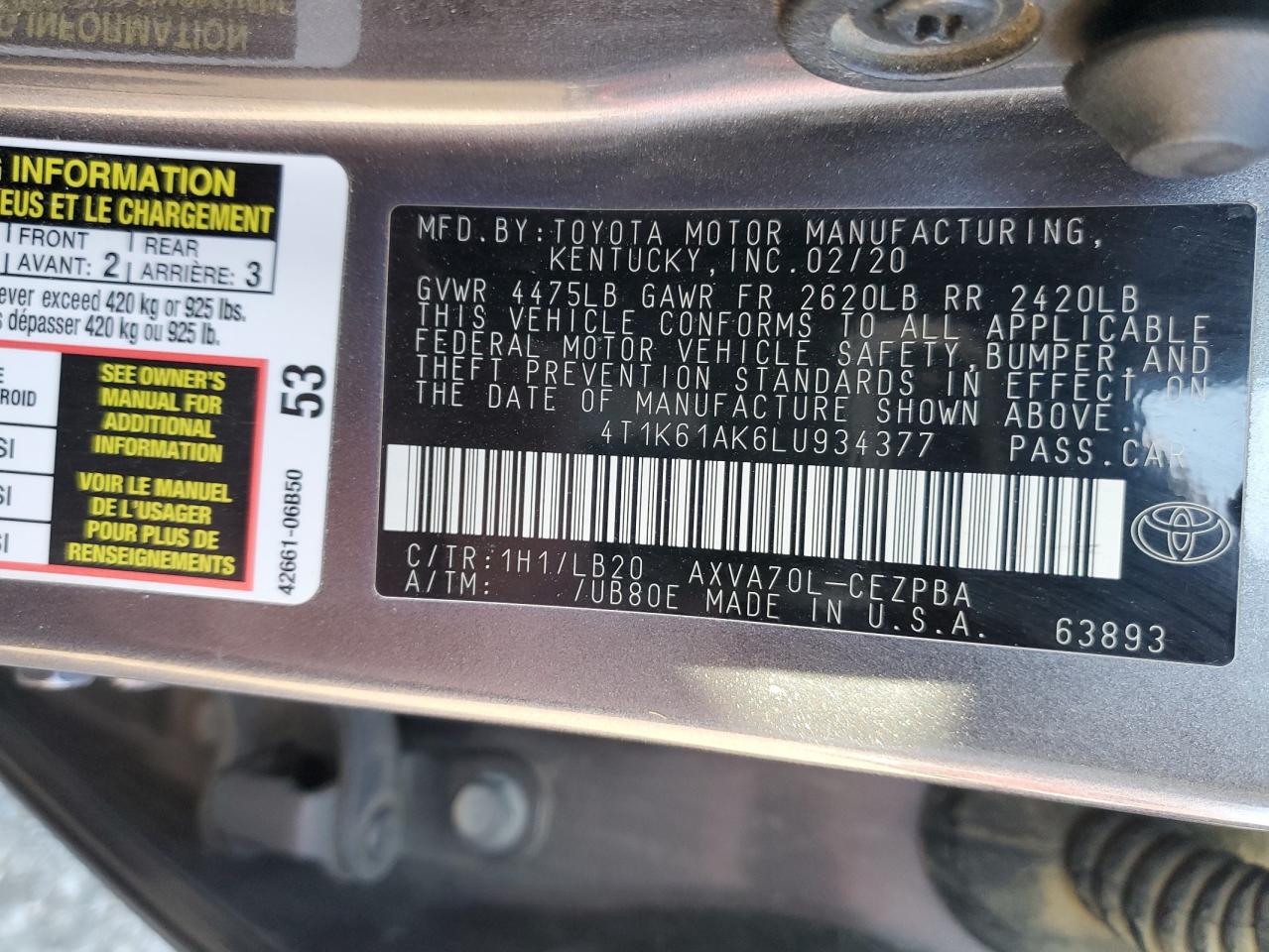 2020 Toyota Camry VIN 4T1K61AK6LU934377 Copart auction photo, front end damage thumbnail 15
