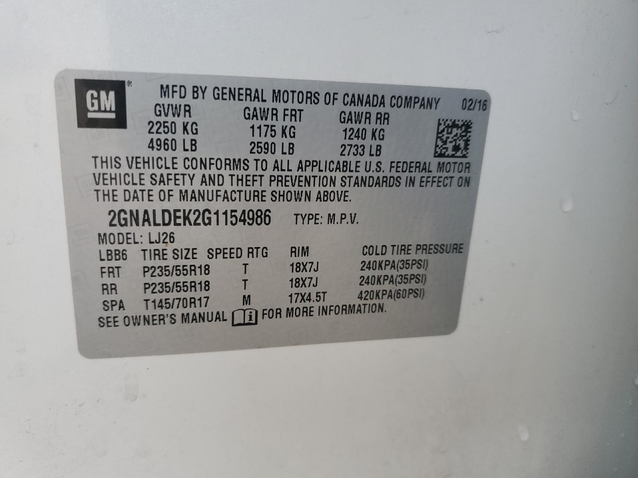 2016 Chevrolet Equinox VIN 2GNALDEK2G1154986 Copart auction photo, front end damage thumbnail 16