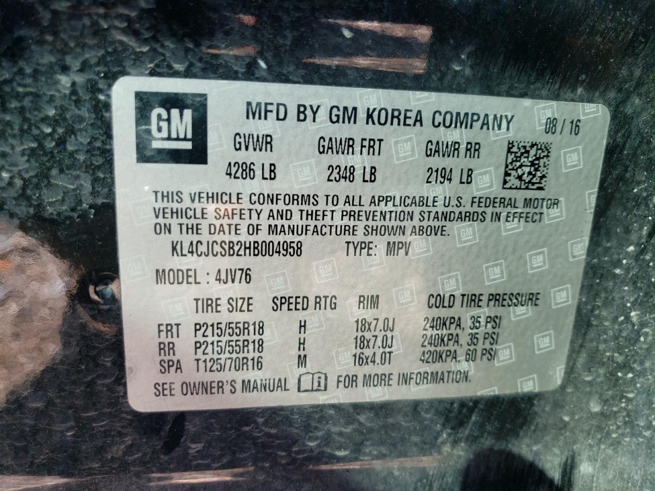 2017 Buick Encore VIN KL4CJCSB2HB004958 Copart auction photo, front end damage thumbnail 13