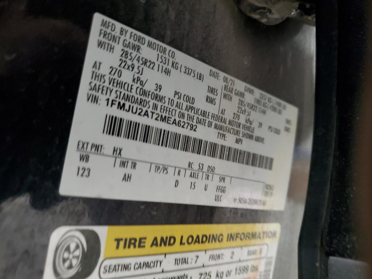 2021 Ford Expedition VIN 1FMJU2AT2MEA62792 Copart auction photo, side damage thumbnail 15