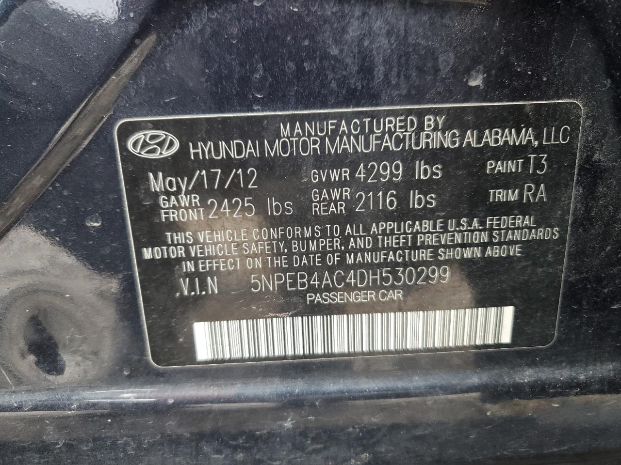 2013 Hyundai Sonata VIN 5NPEB4AC4DH530299 Copart auction photo, front end / minor dent/scratches damage thumbnail 12