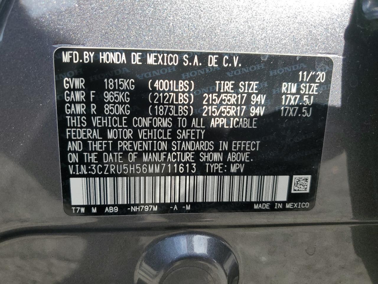 2021 Honda HR-V VIN 3CZRU5H56MM711613 Copart auction photo, front end damage thumbnail 14