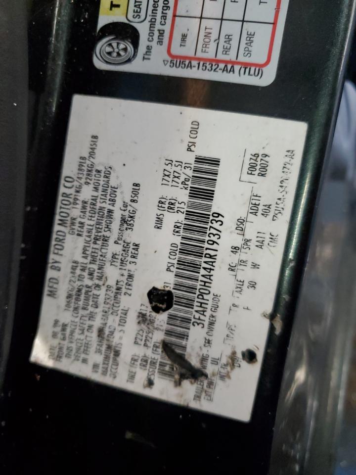 2010 Ford Fusion VIN 3FAHP0HA4AR193739 Copart auction photo, front end / rear end damage thumbnail 12