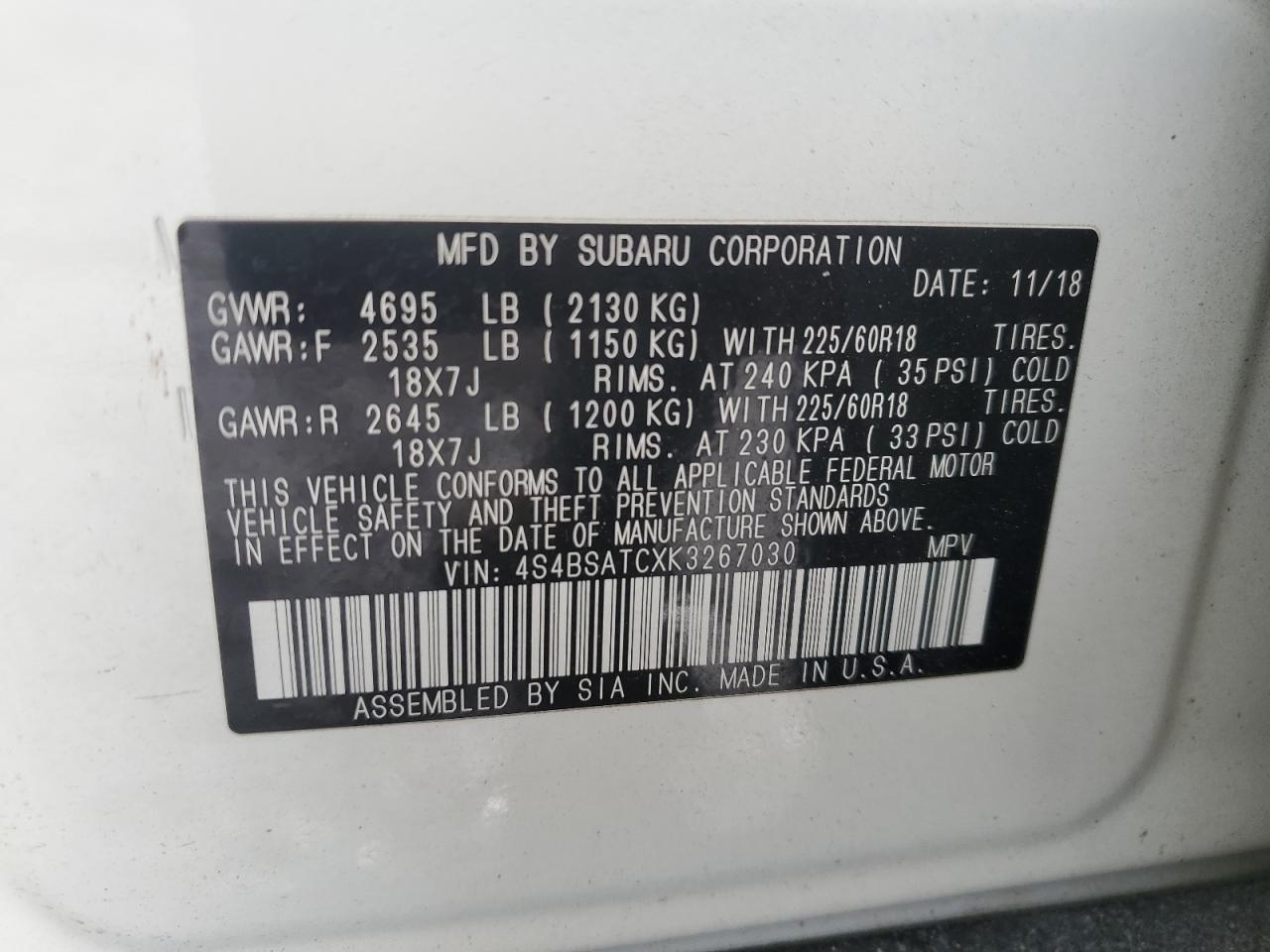 2019 Subaru Outback VIN 4S4BSATCXK3267030 Copart auction photo, front end damage thumbnail 14