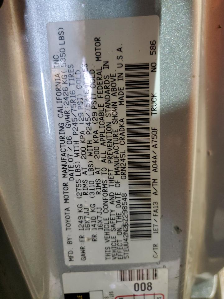 2006 Toyota Tacoma VIN 5TEUU42N26Z298548 Copart auction photo, front end / minor dent/scratches damage thumbnail 12