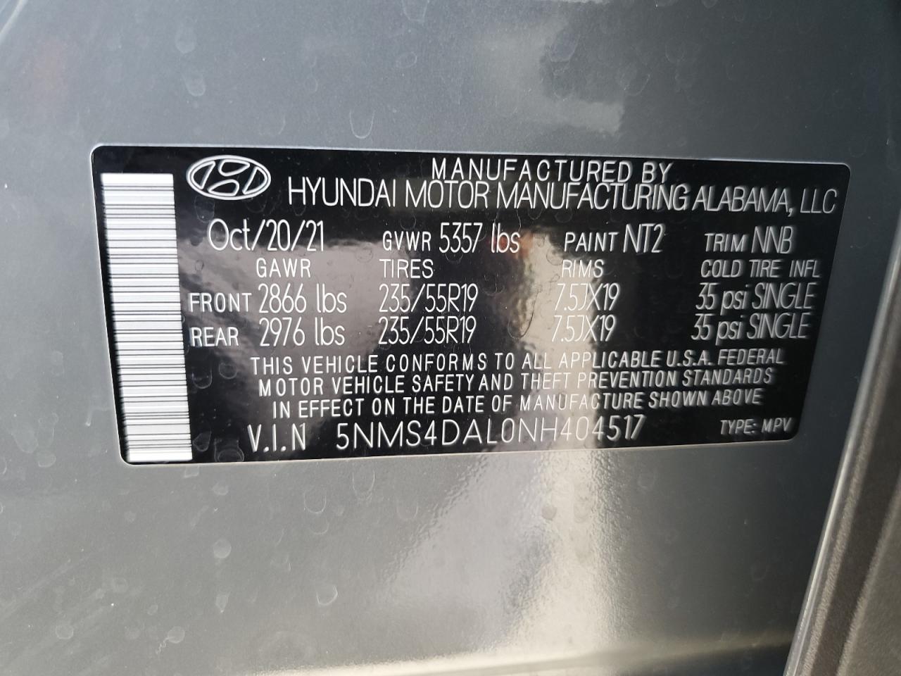 2022 Hyundai Santa Fe VIN 5NMS4DAL0NH404517 Copart auction photo, rear end damage thumbnail 13