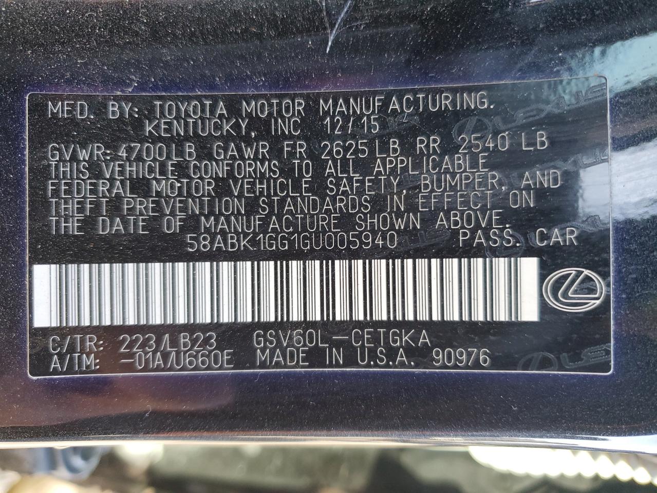 2016 Lexus ES VIN 58ABK1GG1GU005940 Copart auction photo, side damage thumbnail 12