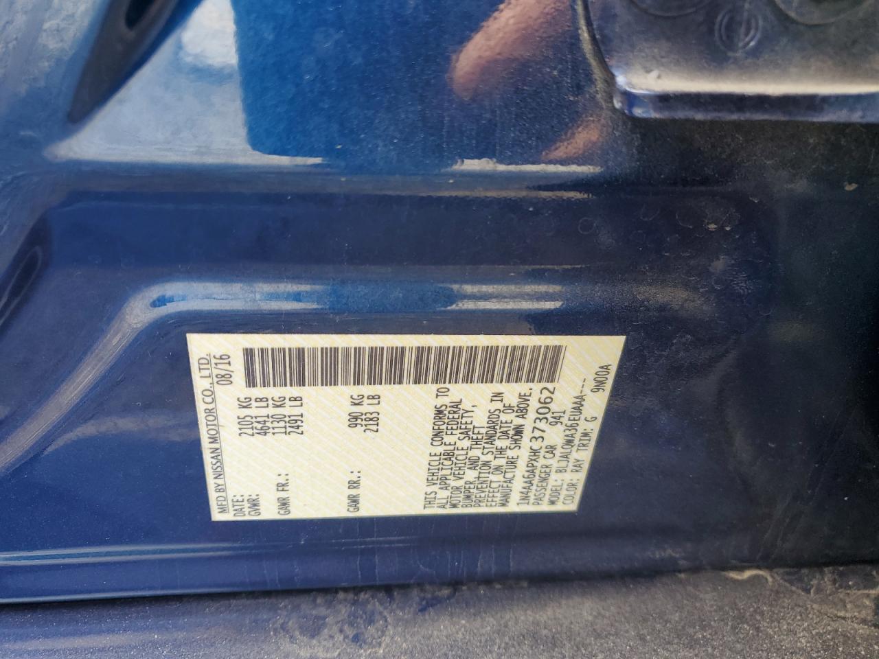 2017 Nissan Maxima VIN 1N4AA6APXHC373062 Copart auction photo, rear end damage thumbnail 14