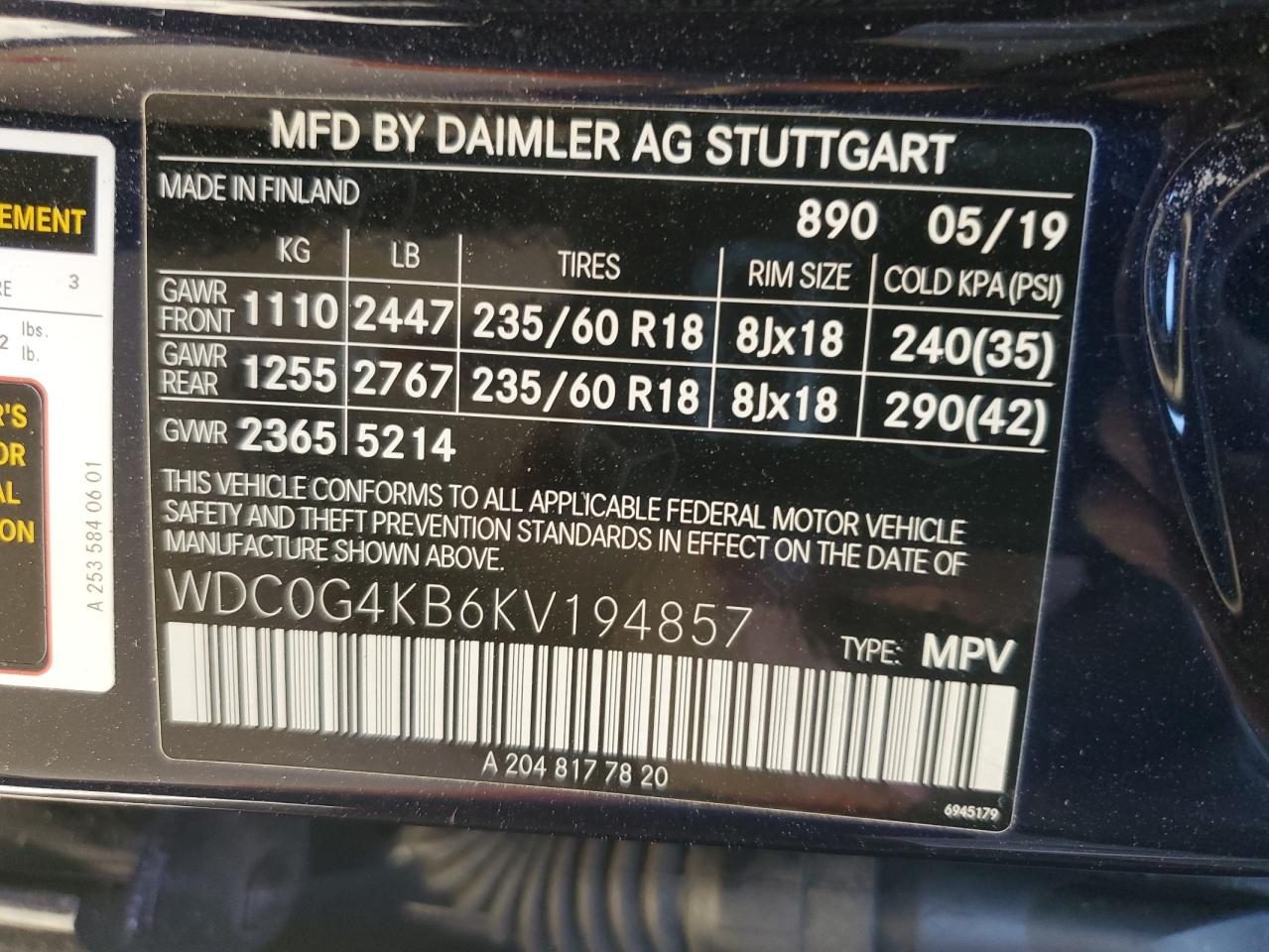2019 Mercedes-Benz GLC VIN WDC0G4KB6KV194857 Copart auction photo, front end / minor dent/scratches damage thumbnail 13