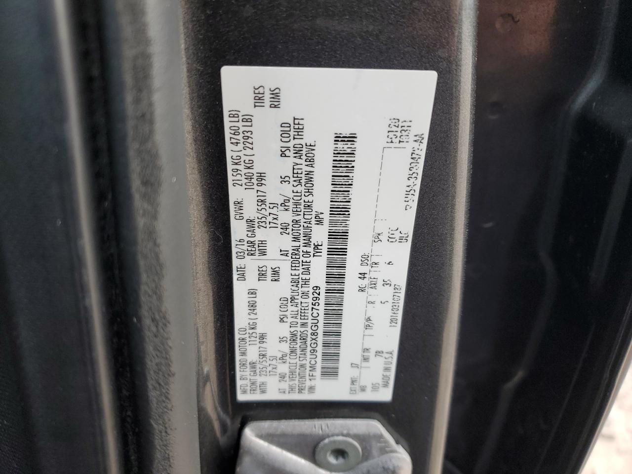 2016 Ford Escape VIN 1FMCU9GX8GUC75929 Copart auction photo, burn - engine damage thumbnail 14