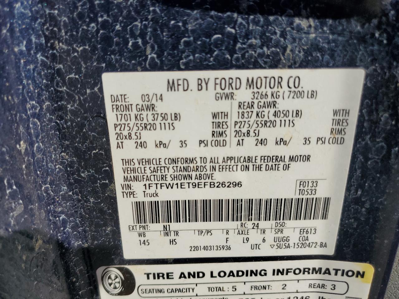 2014 Ford F-150 VIN 1FTFW1ET9EFB26296 Copart auction photo, rear end damage thumbnail 12