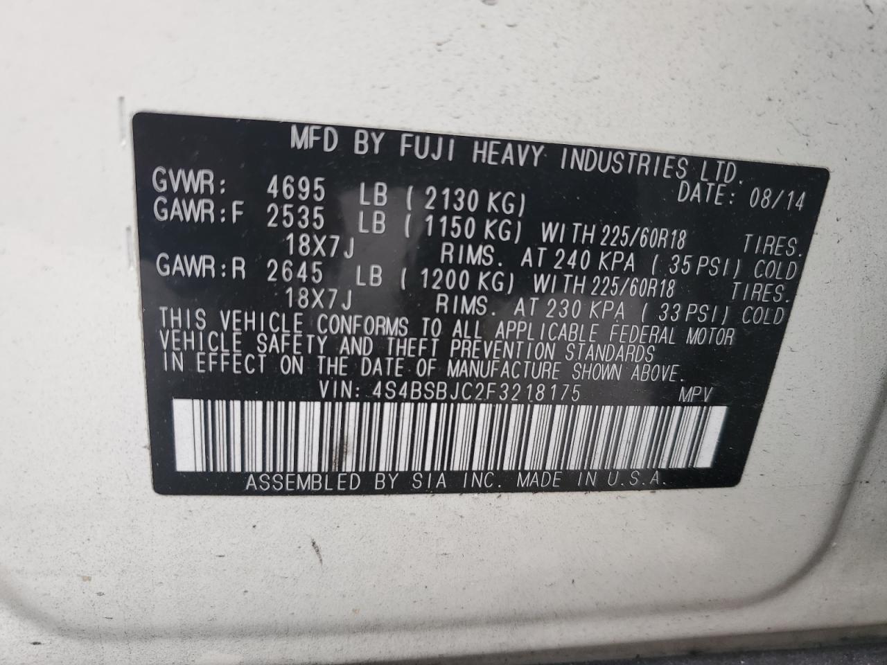 2015 Subaru Outback VIN 4S4BSBJC2F3218175 Copart auction photo, water/flood damage thumbnail 14
