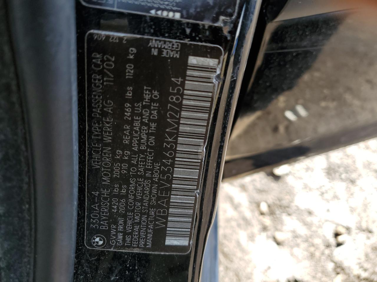 2003 BMW 3er VIN WBAEV53463KM27854 Copart auction photo, front end / side damage thumbnail 12