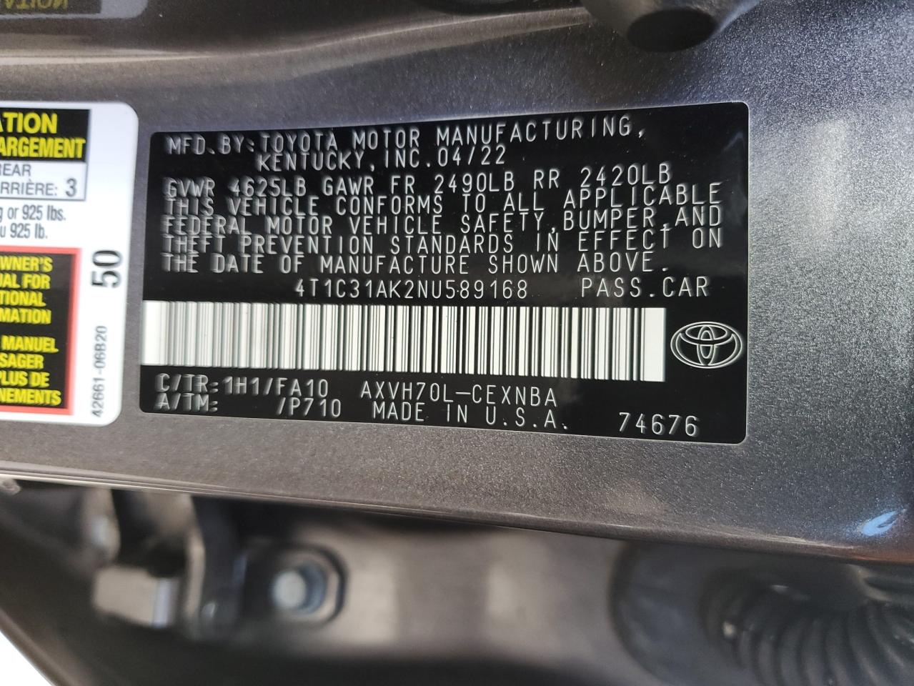 2022 Toyota Camry VIN 4T1C31AK2NU589168 Copart auction photo, front end damage thumbnail 15