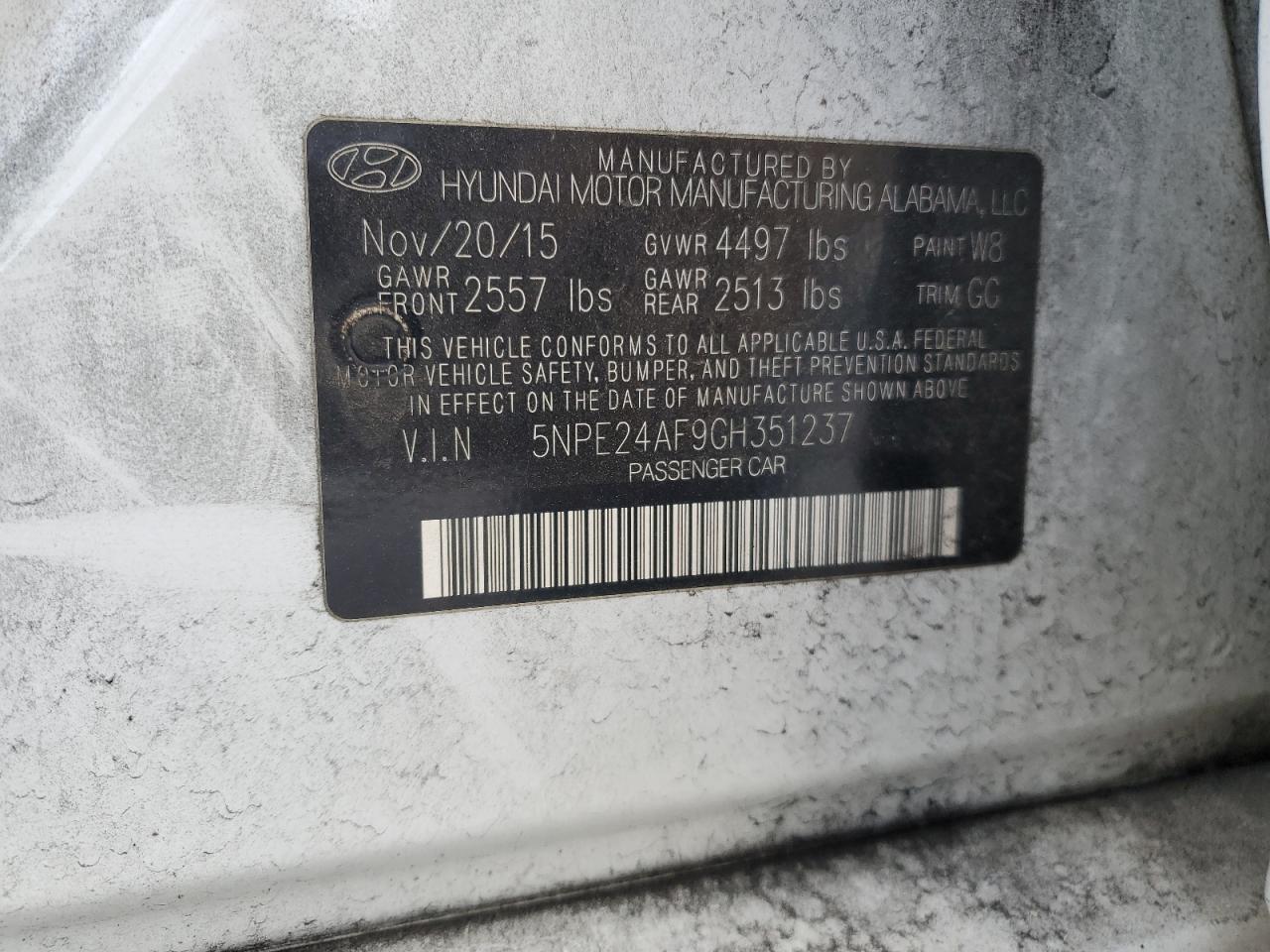 2016 Hyundai Sonata VIN 5NPE24AF9GH351237 Copart auction photo, front end / minor dent/scratches damage thumbnail 12