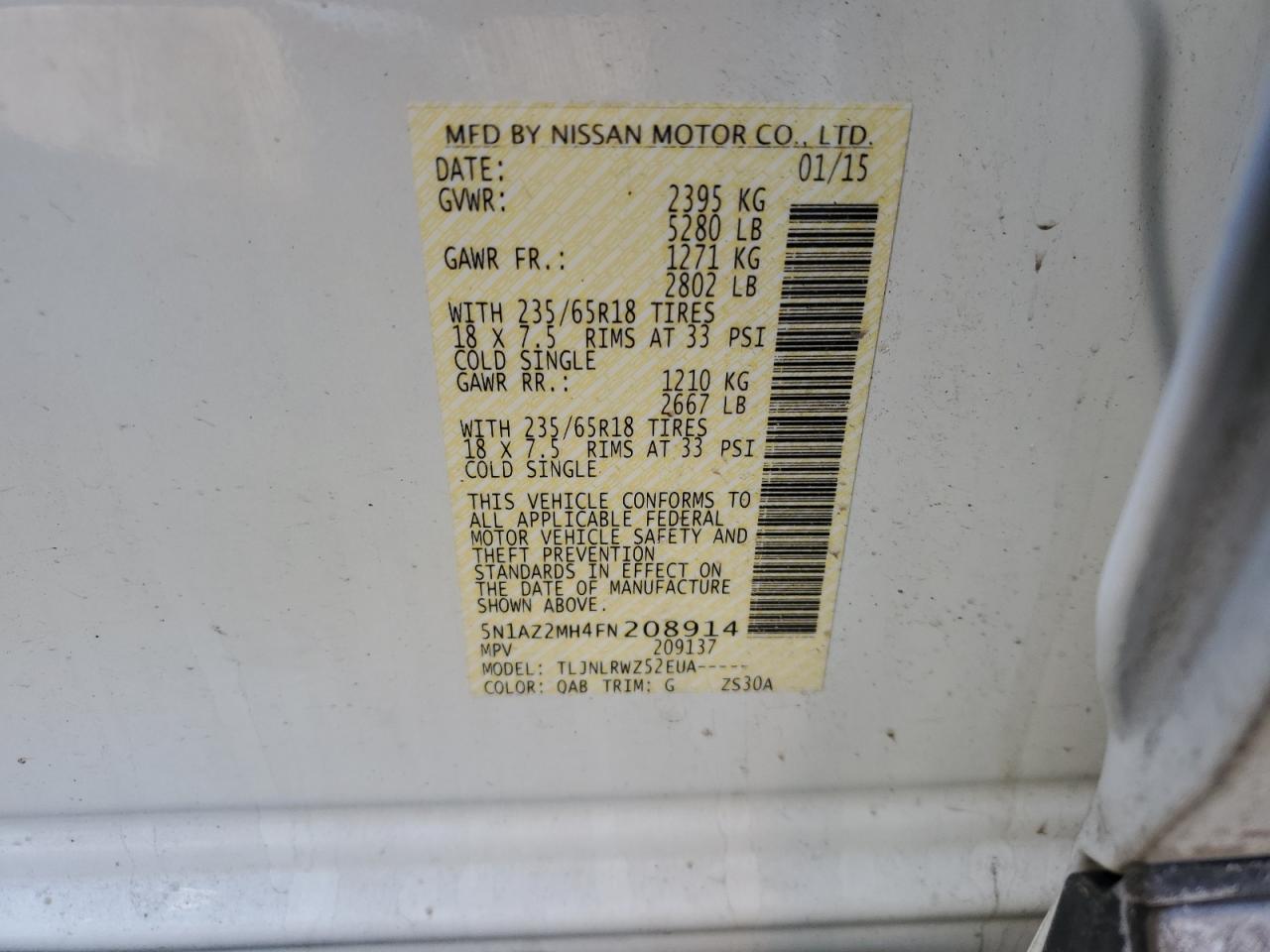 2015 Nissan Murano VIN 5N1AZ2MH4FN208914 Copart auction photo, rear end / hail damage thumbnail 15