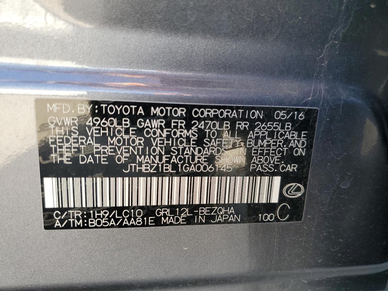 2016 Lexus GS VIN JTHBZ1BL1GA006145 Copart auction photo, all over damage thumbnail 12