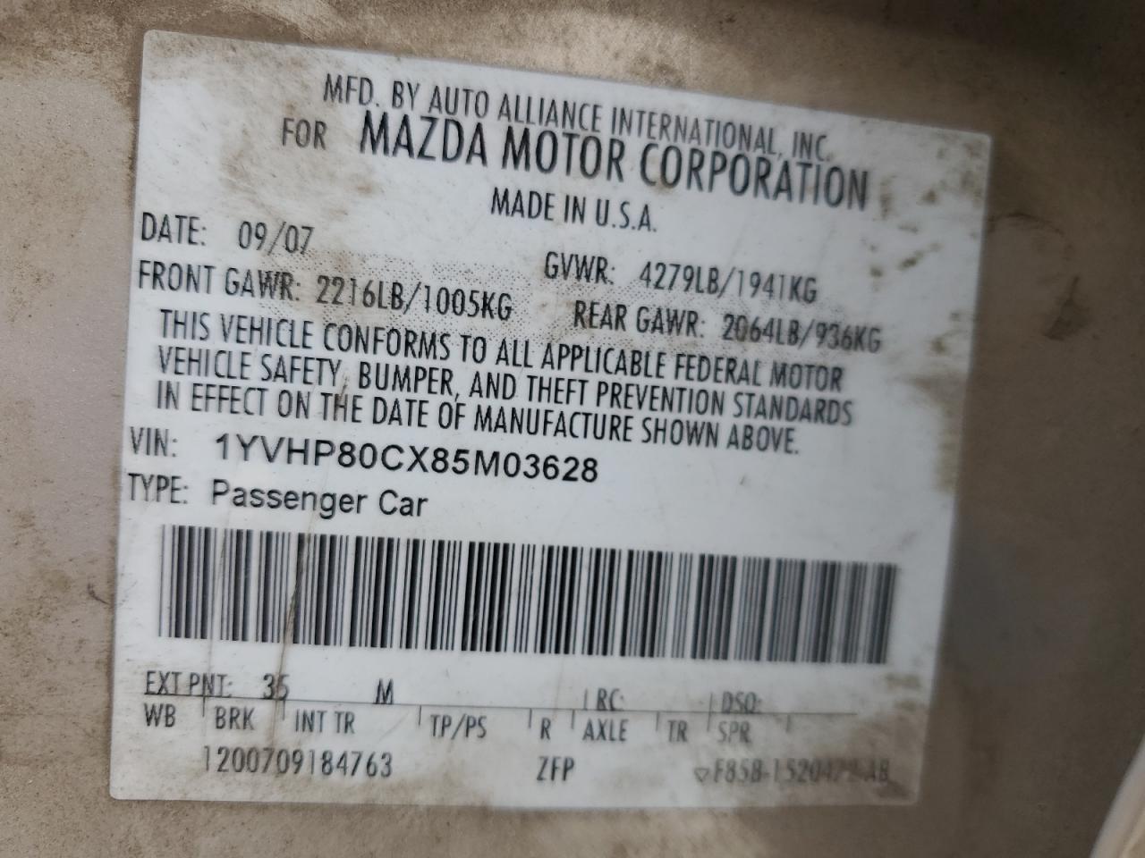 2008 Mazda 6 VIN 1YVHP80CX85M03628 Copart auction photo, rear end damage thumbnail 13