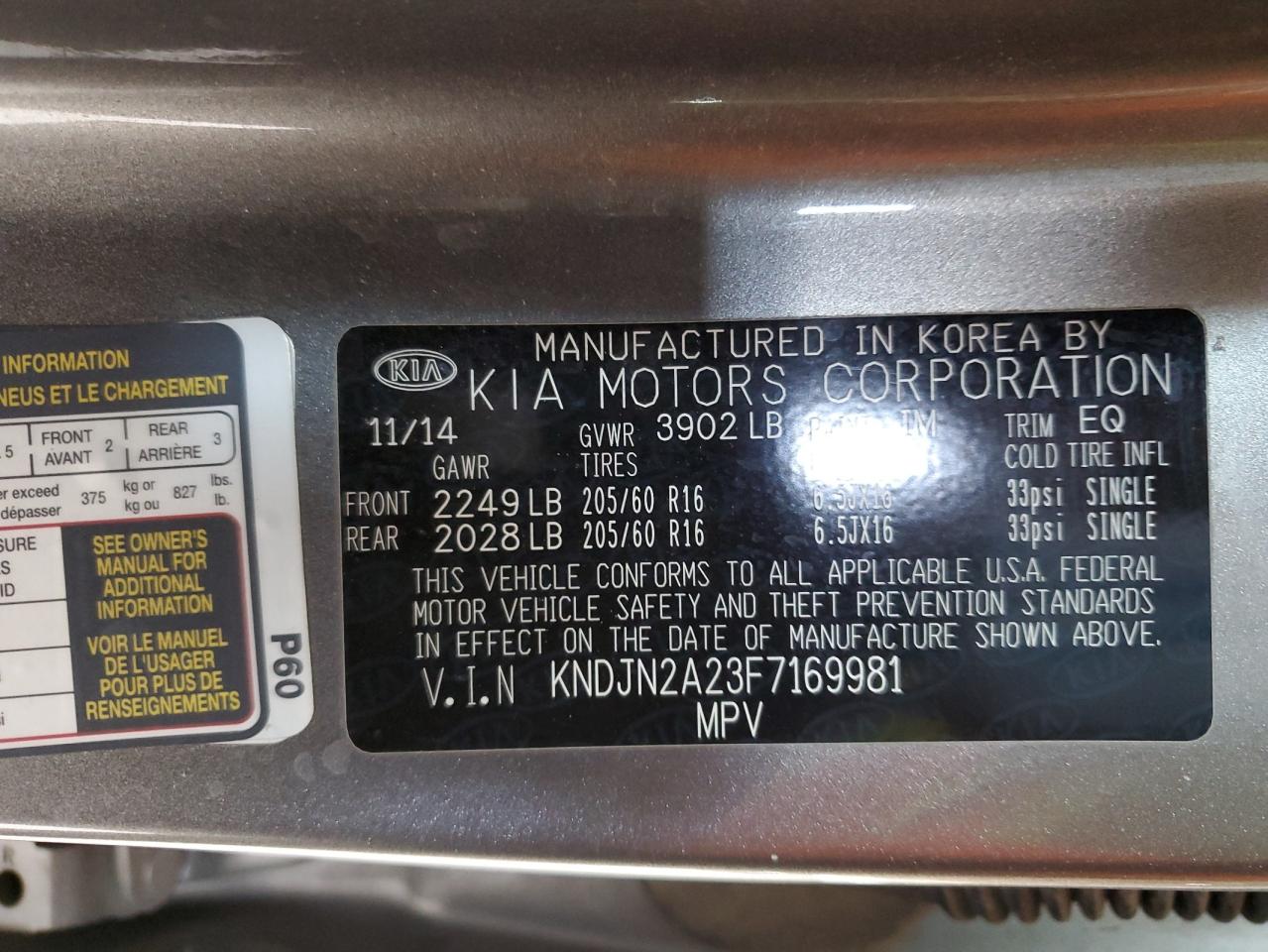 2015 KIA Soul VIN KNDJN2A23F7169981 Copart auction photo, front end damage thumbnail 12