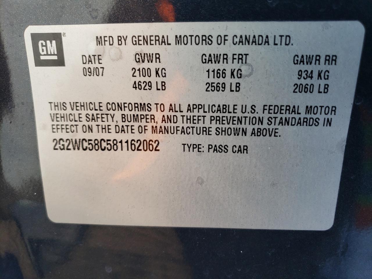 2008 Pontiac Grand Prix VIN 2G2WC58C581162062 Copart auction photo, side / undercarriage damage thumbnail 12