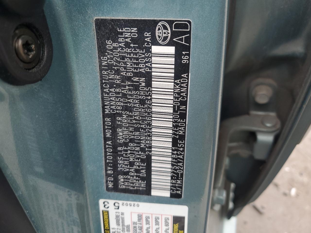 2006 Toyota Corolla VIN 2T1BR32E36C626455 Copart auction photo, rear end / minor dent/scratches damage thumbnail 12