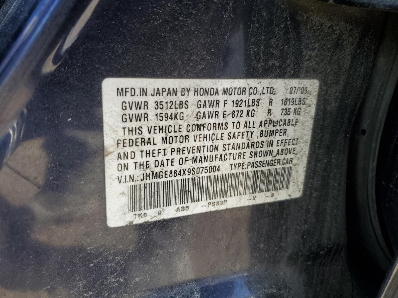 2009 Honda Fit VIN JHMGE884X9S075004 Copart auction photo, front end / side damage thumbnail 14