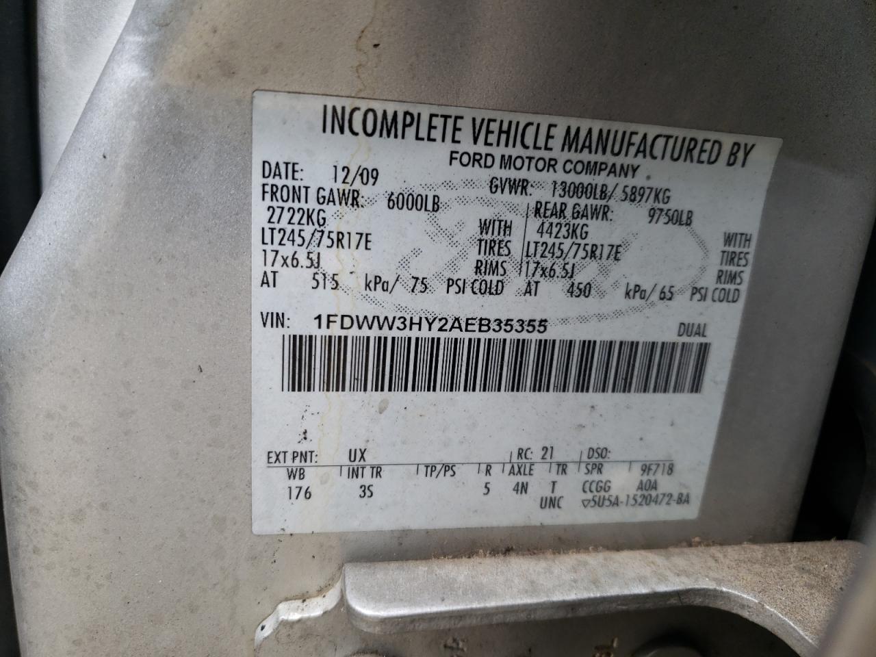 2010 Ford F350 VIN 1FDWW3HY2AEB35355 Copart auction photo, burn / all over damage thumbnail 12