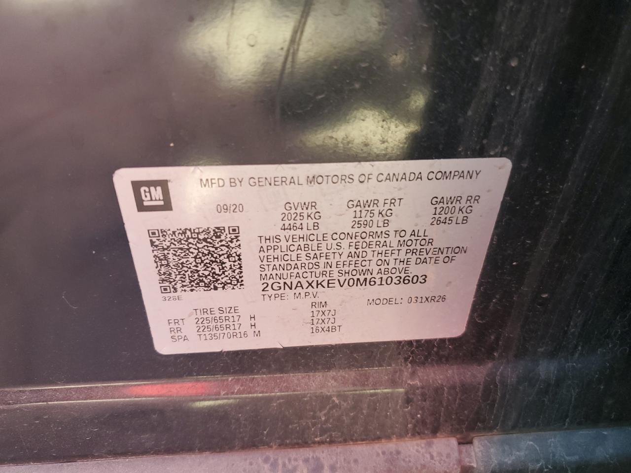 2021 Chevrolet Equinox VIN 2GNAXKEV0M6103603 Copart auction photo, front end damage thumbnail 14