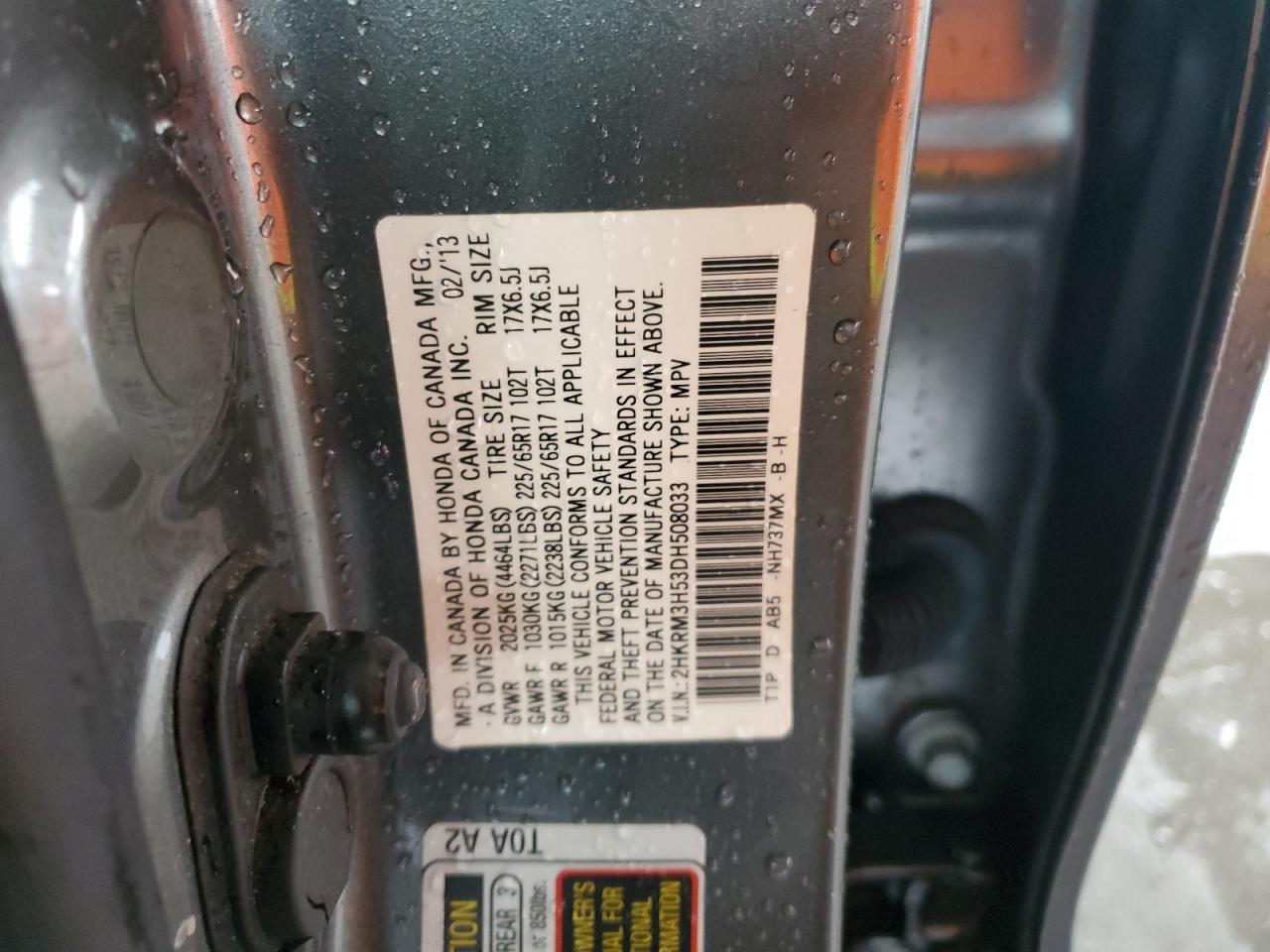 2013 Honda CR-V VIN 2HKRM3H53DH508033 Copart auction photo, front end damage thumbnail 13