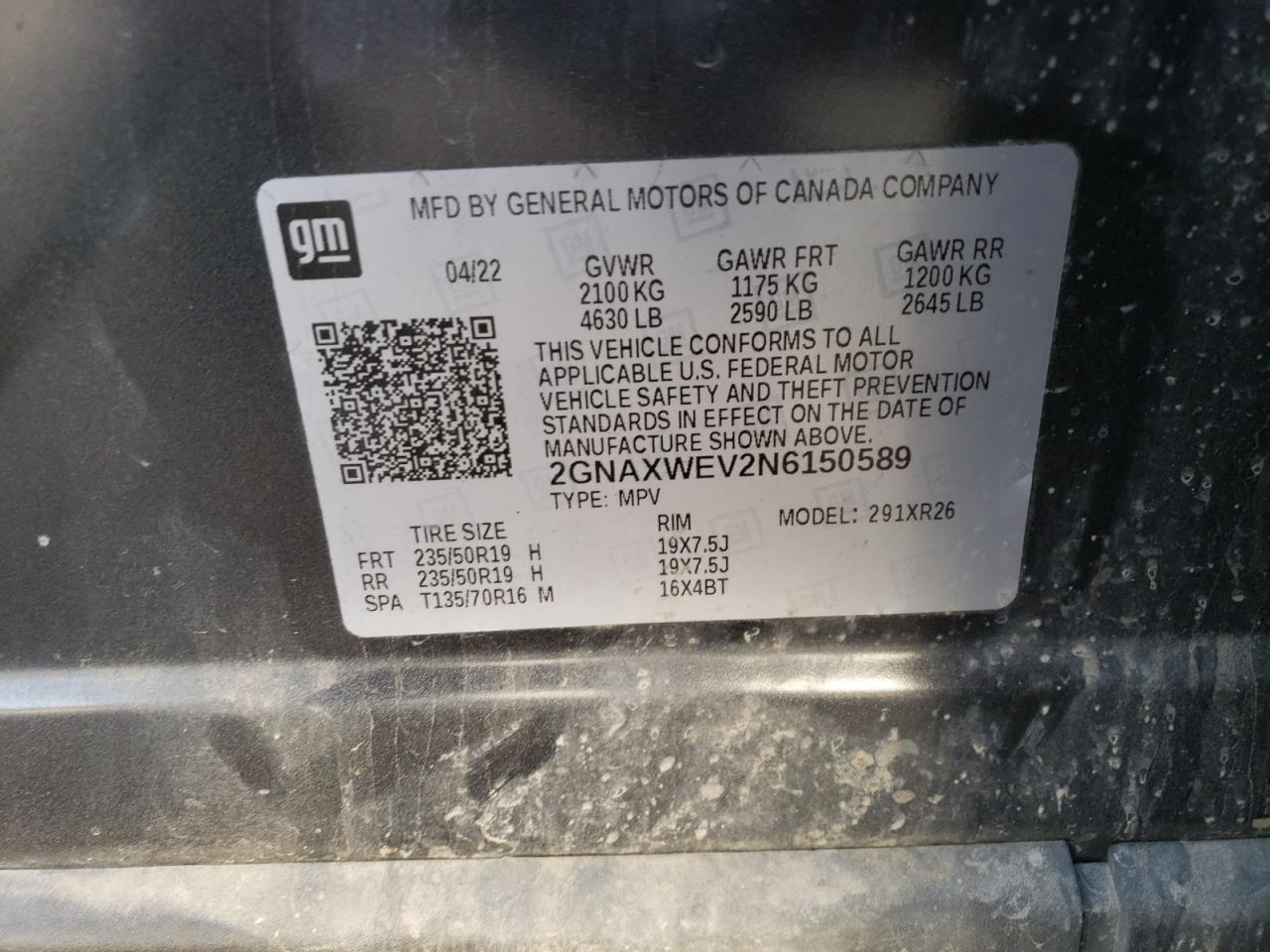 2022 Chevrolet Equinox VIN 2GNAXWEV2N6150589 Copart auction photo, hail damage thumbnail 13