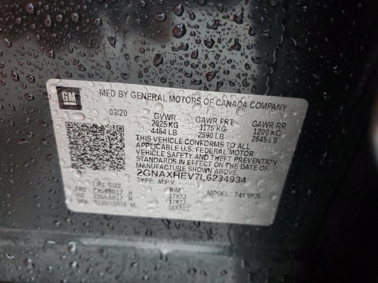 2020 Chevrolet Equinox VIN 2GNAXHEV7L6234934 Copart auction photo, all over damage thumbnail 15