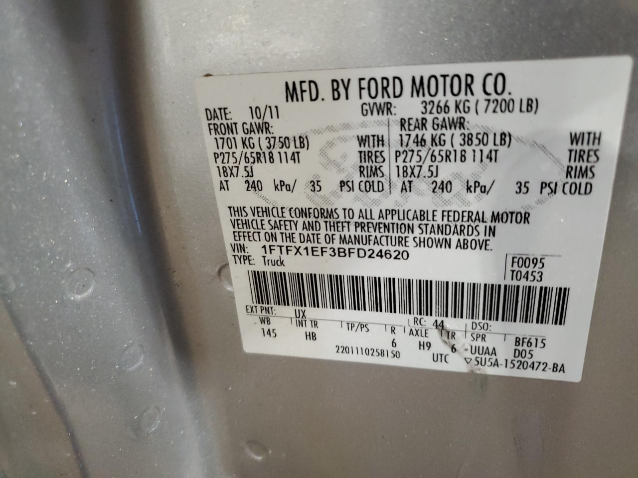2011 Ford F-150 VIN 1FTFX1EF3BFD24620 Copart auction photo, front end damage thumbnail 14