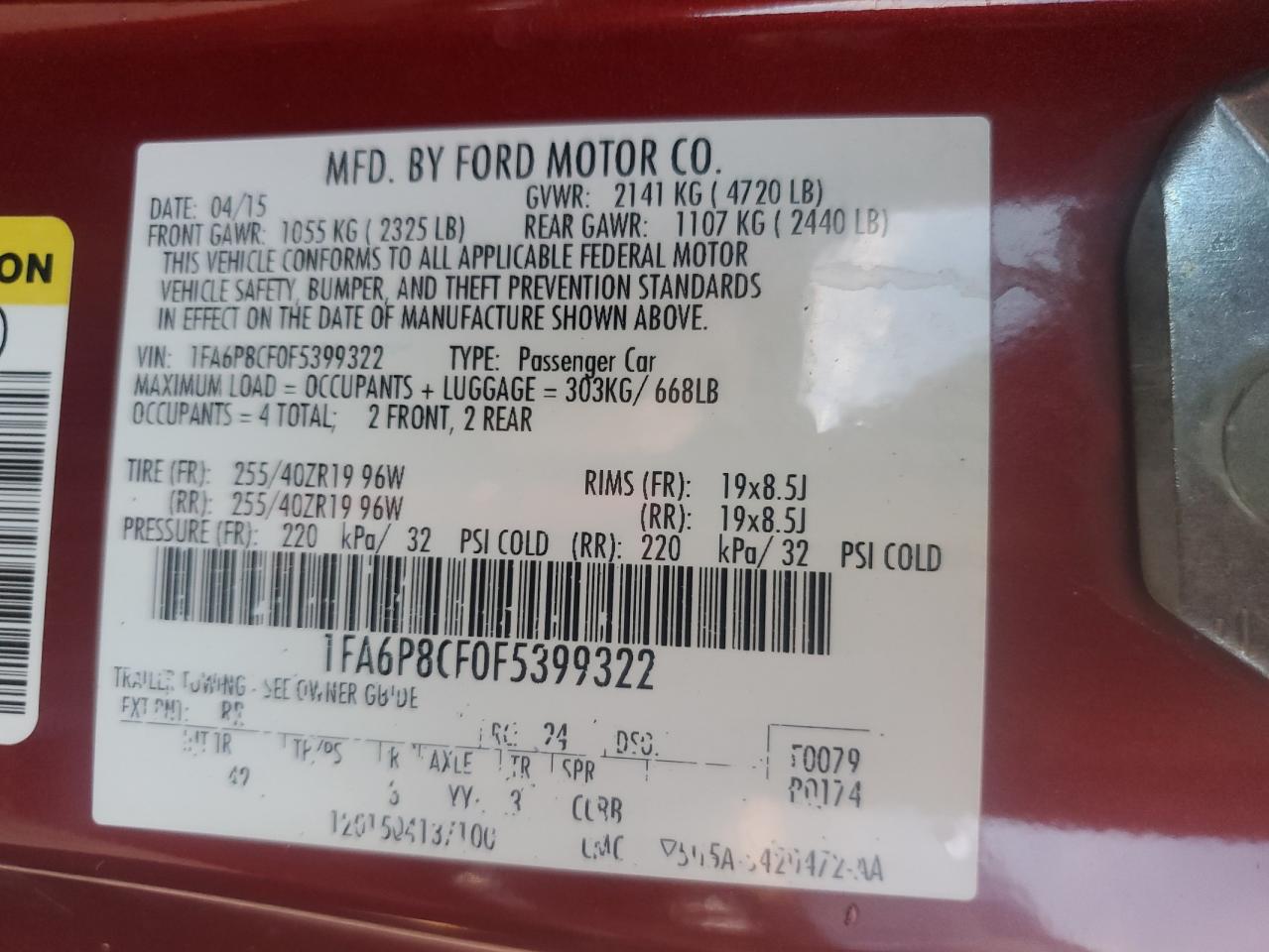 2015 Ford Mustang VIN 1FA6P8CF0F5399322 Copart auction photo, water/flood damage thumbnail 13