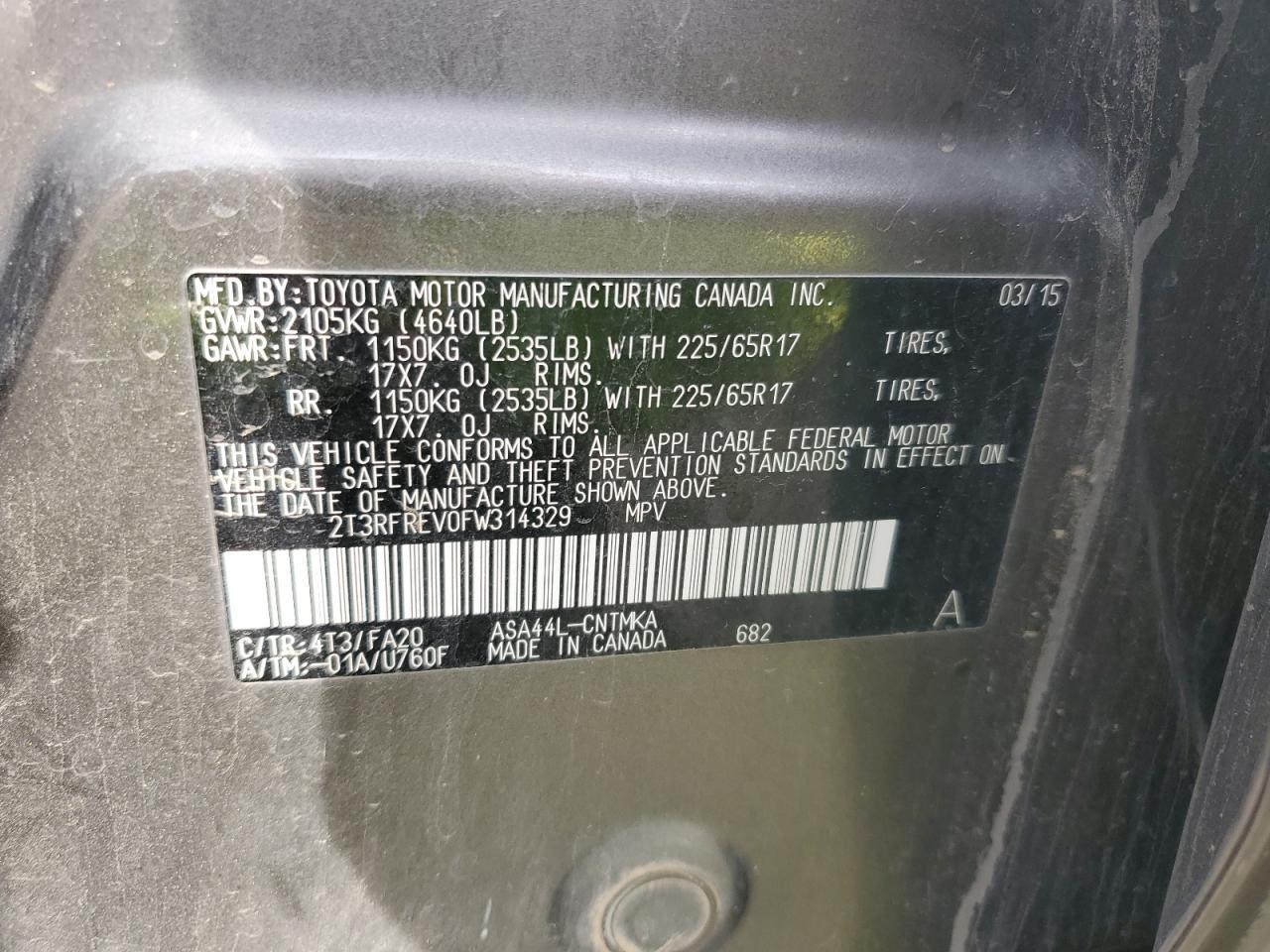 2015 Toyota RAV 4 VIN 2T3RFREV0FW314329 Copart auction photo, front end damage thumbnail 12