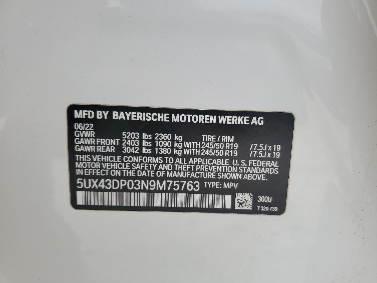 2022 BMW X3 VIN 5UX43DP03N9M75763 Copart auction photo, minor dent/scratches damage thumbnail 13