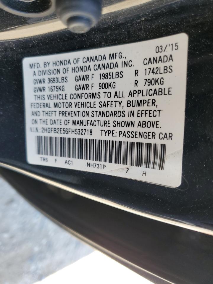 2015 Honda Civic VIN 2HGFB2E56FH532718 Copart auction photo, front end damage thumbnail 12