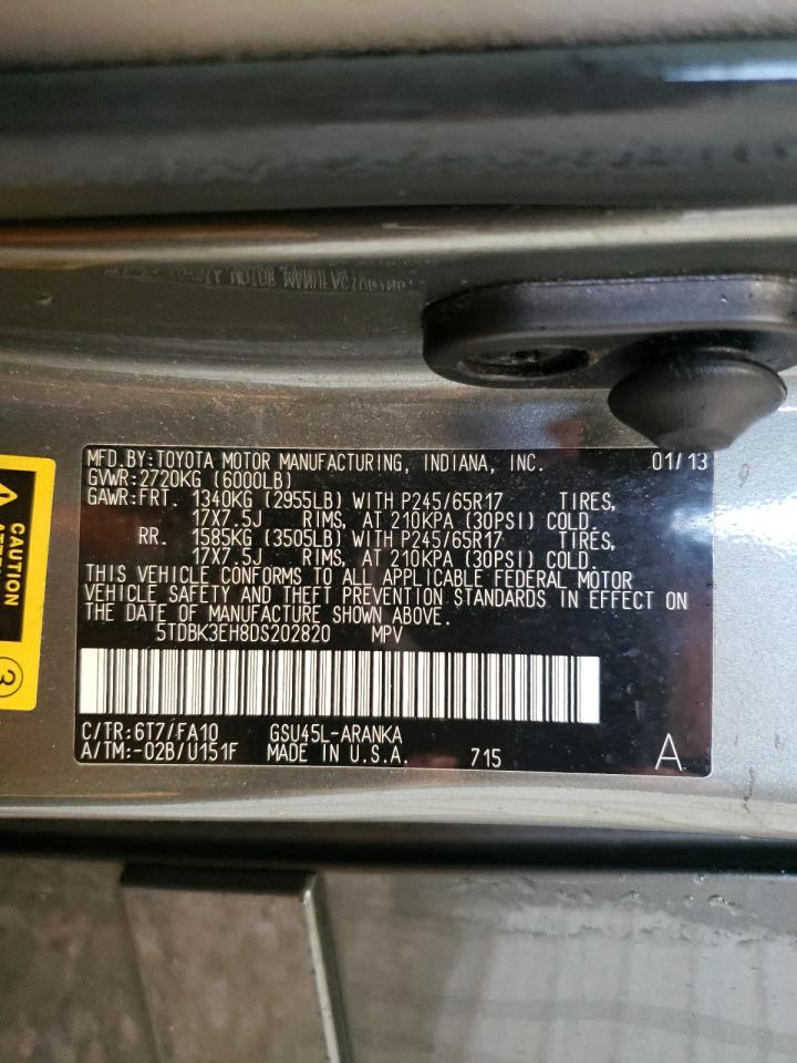 2013 Toyota Highlander VIN 5TDBK3EH8DS202820 Copart auction photo, front end / side damage thumbnail 14