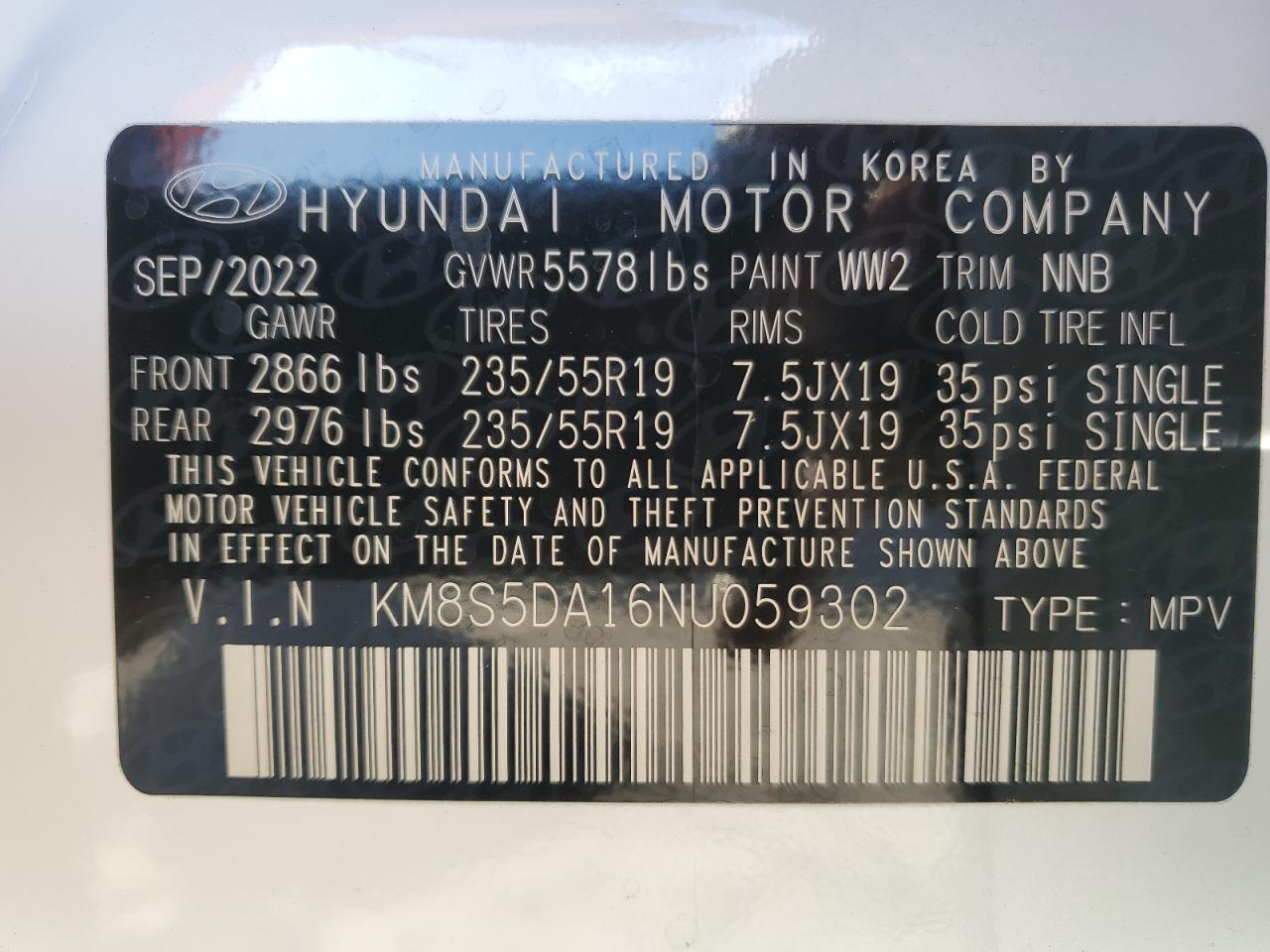 2022 Hyundai Santa Fe VIN KM8S5DA16NU059302 Copart auction photo, front end damage thumbnail 15