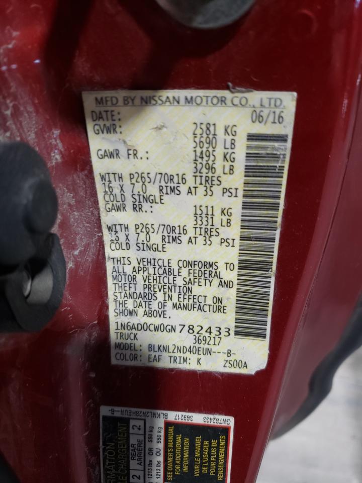2016 Nissan Navara (Frontier) VIN 1N6AD0CW0GN782433 Copart auction photo, front end / side damage thumbnail 12