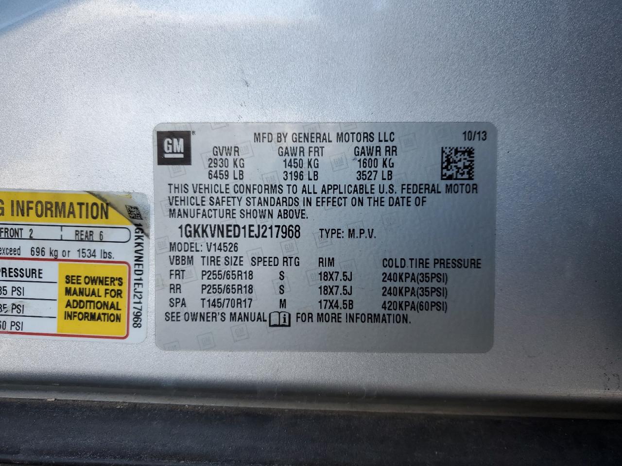 2014 GMC Acadia VIN 1GKKVNED1EJ217968 Copart auction photo, front end / minor dent/scratches damage thumbnail 15