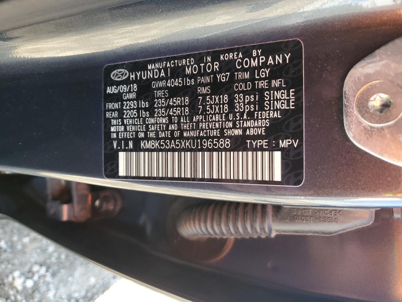 2019 Hyundai Kona VIN KM8K53A5XKU196588 Copart auction photo, front end damage thumbnail 12