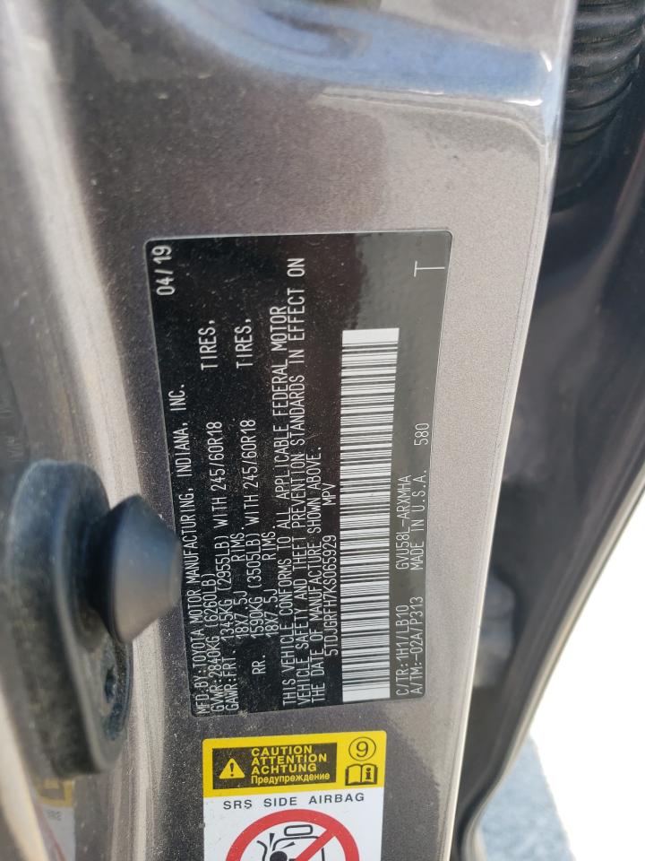 2019 Toyota Highlander VIN 5TDJGRFH7KS065929 Copart auction photo, front end damage thumbnail 13