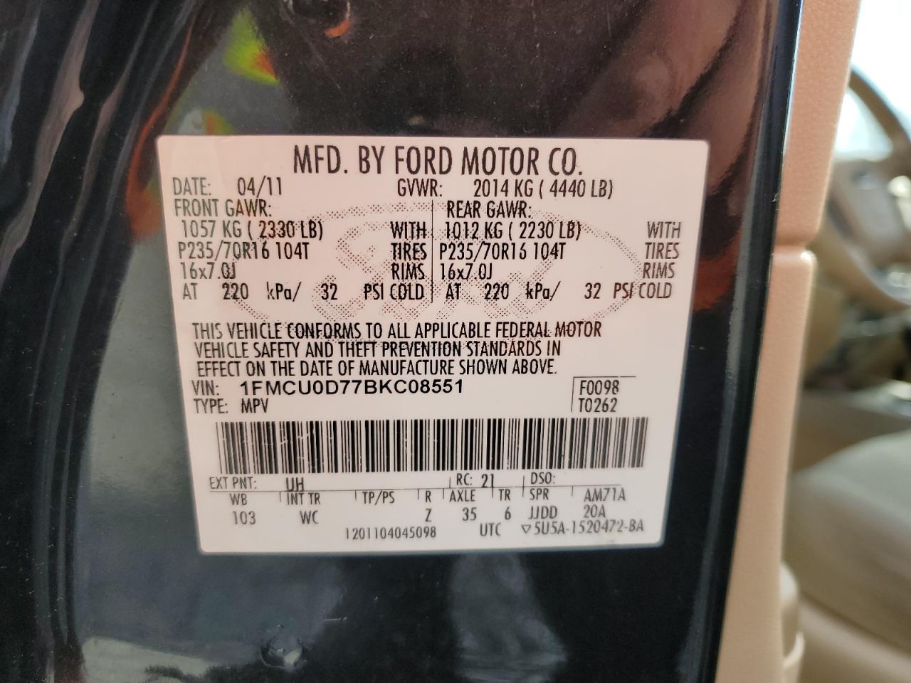 2011 Ford Escape VIN 1FMCU0D77BKC08551 Copart auction photo, front end / minor dent/scratches damage thumbnail 13