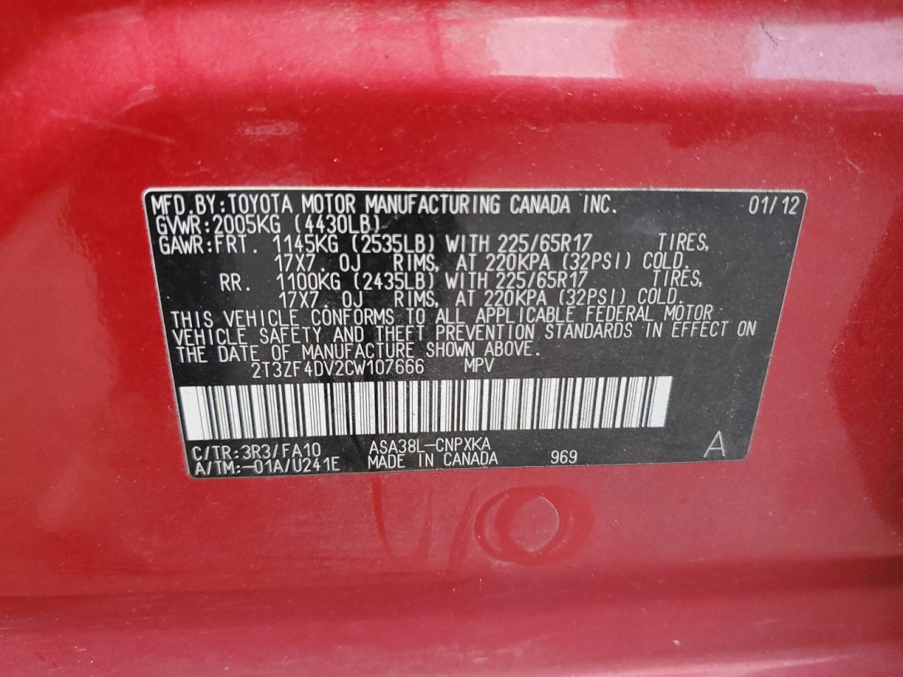 2012 Toyota RAV 4 VIN 2T3ZF4DV2CW107666 Copart auction photo, rear end / front end damage thumbnail 13