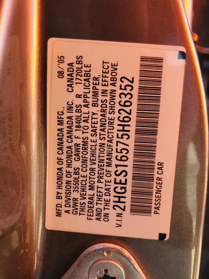 2005 Honda Civic VIN 2HGES16575H626352 Copart auction photo, all over / minor dent/scratches damage thumbnail 12