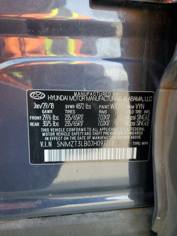 2018 Hyundai Santa Fe VIN 5NMZT3LB0JH097778 Copart auction photo, front end / rear end damage thumbnail 13
